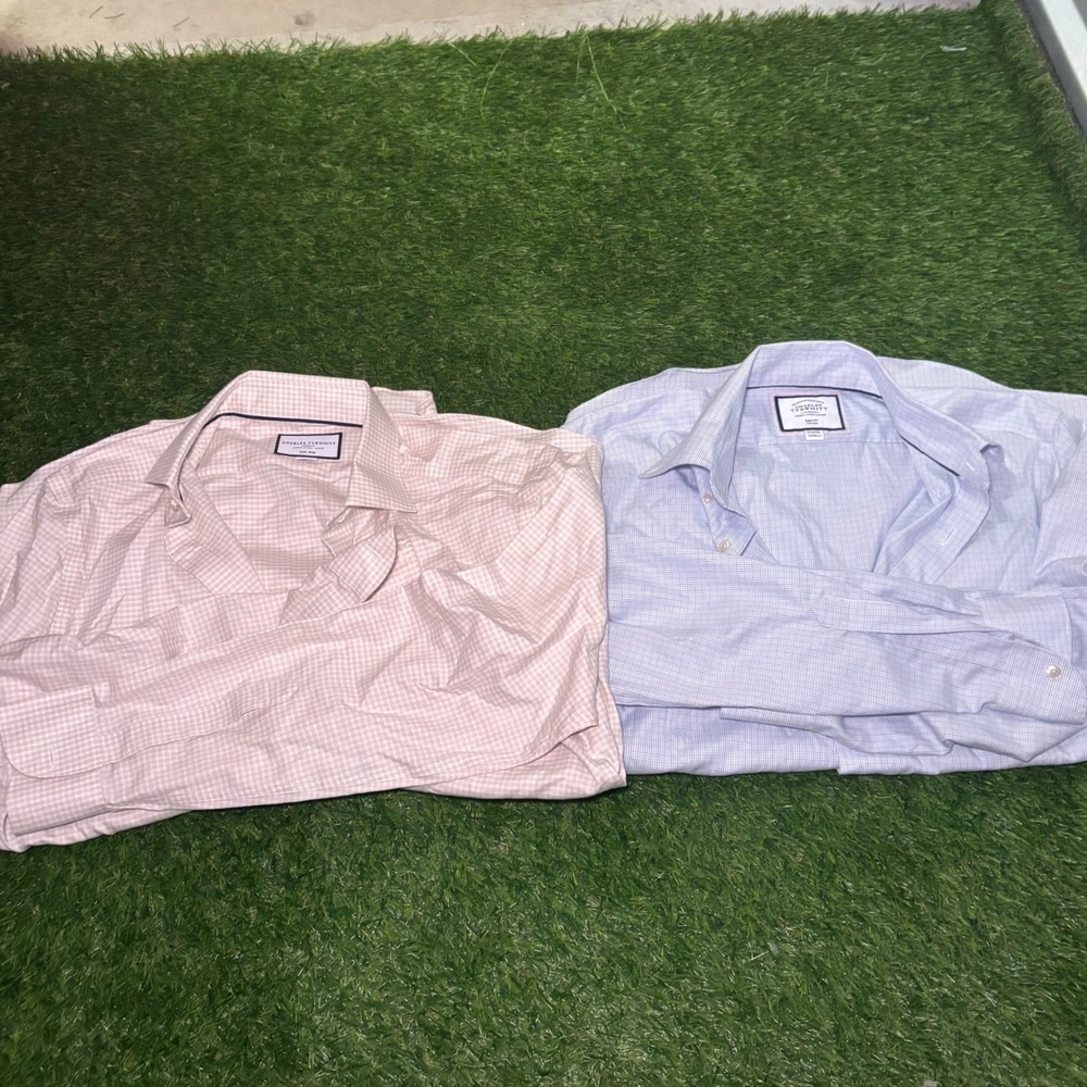 Lot of 2 Charles Tyrwhitt Slim Fit Non-Iron Shirts 15.5/34 Cotton Linen Blue Tan